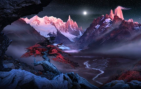 热门风景 自然 山脉 树木 夜 月亮 河流 雾 雪 星夜 月光 满月 星星 雪山 电脑 高清壁纸 5120×2881
