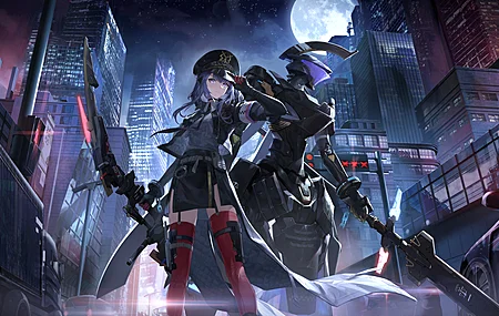 唯美站立 警察 服装 城市 动漫女孩 夜 月亮 月光 天空 游戏 建筑 电脑 桌面壁纸 3840×2160