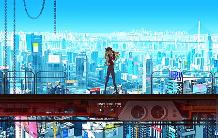 热门动漫女孩 绘画 城市 黑帽子 公寓 建筑 链条 眼罩 明日 霓虹创世纪 福音 战士 电脑 高清壁纸 5120×2880
