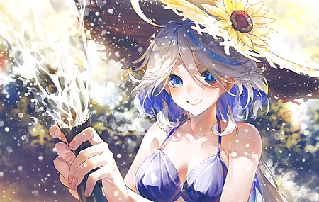 微笑长发蓝眼睛 异瞳 蓝头发 动漫 动漫女孩 原神 草帽 水 比基尼 水滴 向日葵 电脑 4K高清壁纸 6316×3600