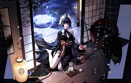 经典长发 肩膀 动漫女孩 动漫 清酒 夜 花瓣 杯子 武士刀 武器 灯笼 地板 电脑 壁纸 7484×4260