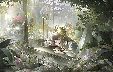 眼睛 长发 骑士 耳朵 树木 长袖 睡觉 头饰 阳光 气泡 叶子 露珠 动漫女孩 动漫 绿色 书籍 花朵 明亮 植物 电脑 壁纸 4800×2700