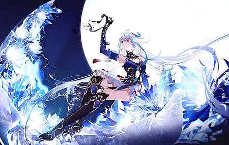 经典长发 白发 幻想女孩 女性 动漫 动漫女孩 月亮 靴子 夜 崩坏 电脑 壁纸 4682×2160