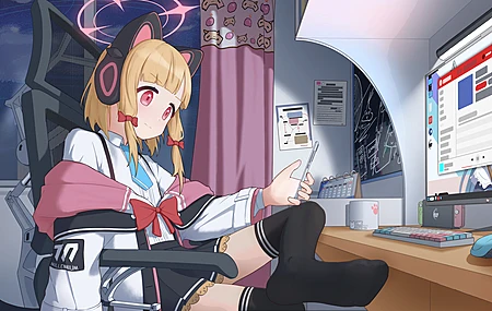 绚丽金发 女郎 猫女 室内 微笑 女学生 蓝色档案 动漫 游戏 动漫女孩 校服 猫耳朵 耳机 猫尾巴 窗户 电脑 键盘 袜子 手机壁纸 4552×2399