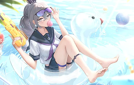 绝美电子游戏女孩 女学生 动漫女孩 银狼 泳池 校服 水枪 泡泡糖 户外 壁纸 4961×3366
