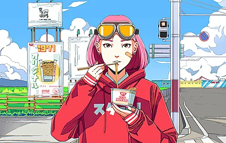 粉红色头发 户外数字 艺术 插图 街道 云 红绿灯 面条 动漫 女孩 天空 创可贴 兜帽 护目镜 道路 无水印壁纸 3876×2943