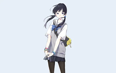 微笑 女学生 原创人物 长发 动漫女孩 动漫 简单背景 校服 领结 手镯 背包 绘画 4K高清壁纸 7607×4279