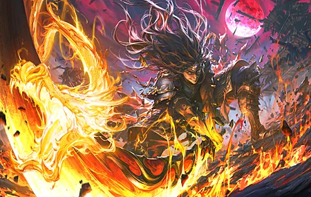 热门幻想 男人 微笑 长发 武器 红月亮 满月 剑 火 月亮 盔甲 岩石 数字艺术 中国龙 手机壁纸 5780×2828