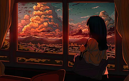 云 山 包 窗户 窗帘 数字艺术 黄昏 教室 校服 女孩 无水印壁纸 4096×2304