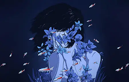 高清黑发 蓝色 锦葵鱼 鱼 动漫 动漫女孩 花朵 完美 艺术品 深色背景 水中 水里 游泳 壁纸 3840×2400