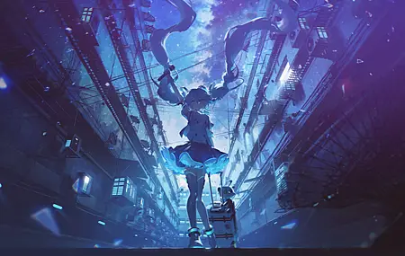 长发 动漫 初音未来 麦克风 双胞胎 手提箱 天线 天空 空调 云 动漫女孩 行李 星空 4K高清壁纸 4510×2701