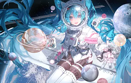 蓝头发 长发 动漫 女孩 初音未来 太空 宇航服 月球 地球 猫耳 壁纸 7796×4500