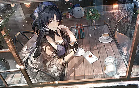 绝美微笑 室内 女人 圣诞节 礼物 雪 茶杯 黑手套 窗户 帽子 信件 桌子 杯子 动漫 壁纸 3840×2160