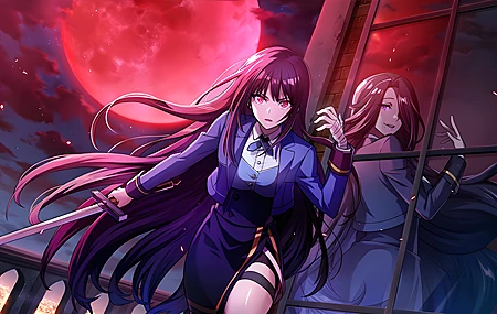 热门长发 红眼 痣 暗影 动漫 剑 红月 云 持剑 女人 天空 夜晚 倒影 女孩 窗户 高清壁纸 4096×2348