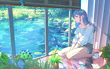 室内 女人 侧看 蓝眼睛 坐着 动漫 女孩 池塘 水 植物 窗户 白衬衫 衬衫 虫子 蝴蝶 长袖 无表情 睡莲 阳光 4K高清壁纸 4096×2160