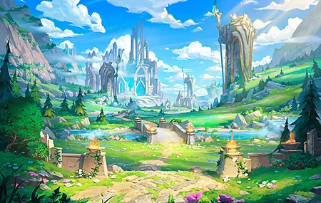 绝美绘画 风景 山脉 盾牌 雕像 奇幻 建筑 桌面壁纸 3840×2550