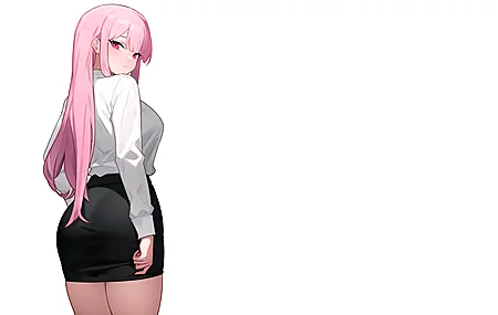 粉红色头发 长发 办公室 女孩 曲线 优美 动漫 极简主义 简单背景 白色背景 回顾 铅笔裙 4K高清壁纸 3840×2160