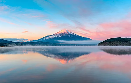 高清自然 风景 树木 云 天空 薄雾 粉色 鸭子 鸟类 早晨 房屋 山脉 湖 桌面壁纸 3840×2160