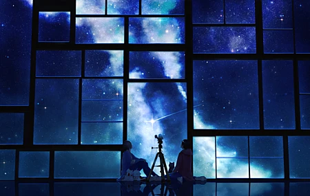 绝美动漫 绘画 空间 夜 星星 蓝色 窗户 望远镜 壁纸 7200×3600