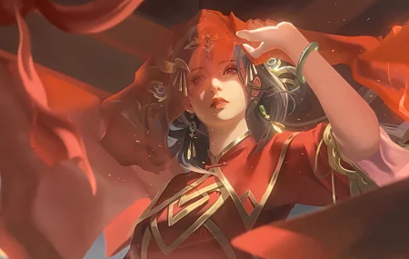 经典长发 黑发 女性 汉服 古风 红色 手镯 耳环 数字艺术 阳光 壁纸 7624×4680