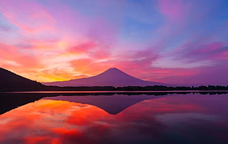 自然 风景 山脉 湖泊 倒影 树木 云 天空 粉红色云 橙色云 湖 手机壁纸 5120×2880
