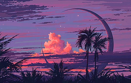 数字艺术 艺术品 插图 数字 绘画 风景 云 月亮 棕榈树 日落 星星 壁纸 3840×2160