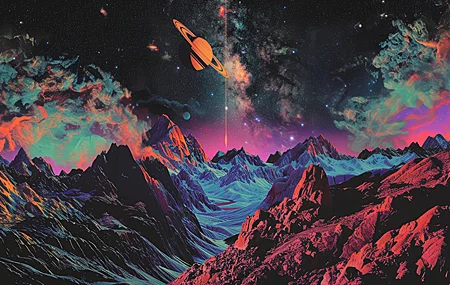 山脉 丰富 多彩 数字 艺术 土星 空间 天空 星星 幻想 黑暗 风景 自然 云 河流 宇宙 灯光 4K高清壁纸 3840×2160