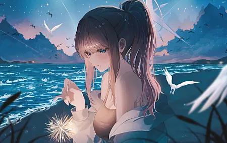热门蓝色 眼睛 户外 女人 马尾辫 长发 蓝色档案 海滩 鸟 背心 云 天空 动漫 女孩 烟花 沙滩 海边 海鸥 仙女棒 高清壁纸 8388×4396