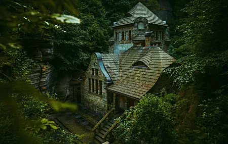 树木 植物 椅子 建筑 老建筑 森林 石头 历史建筑 4K高清壁纸 6144×4123