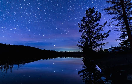 唯美摄影 自然 天空 夜星 夜 月光 极光 风景 树木 森林 湖泊 黄昏 夜空 户外 蓝色 高清壁纸 3840×2509
