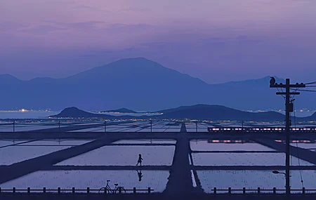 超清数字艺术 插图 绘画 风景 自然 山脉 电线杆 稻田 火车 倒影 蓝色 壁纸 3840×2160
