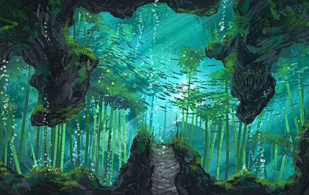 热门概念艺术 水下 竹子 岩石 鱼群 深海 泡沫 数字艺术 场景 场景设计 壁纸 4000×2250