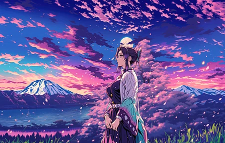户外 女性 目光 移开 黑发 金梅之屋 云 头饰 山 天空 月亮 草 动漫 女孩 满月 日落 花瓣 鬼灭之刃 蝶柱 高清壁纸 3840×2160