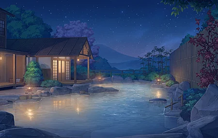 热门数字艺术 艺术作品 插图 数字绘画 夜 房屋 星星 星空 水 山 森林 竹子 温泉 高清壁纸 3840×2160