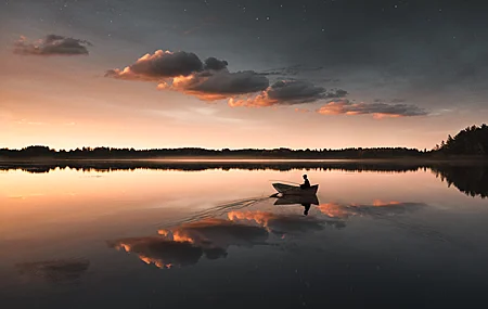 自然 风景 摄影 日落 云 倒影 湖 船钓 鱼 星星 壁纸 3840×2160