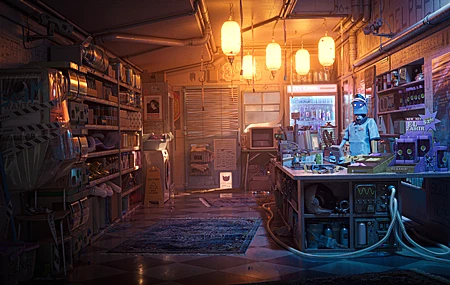 数字艺术 艺术品 CGI 机器人 室内 商店 便利店 4K壁纸 4800×2700