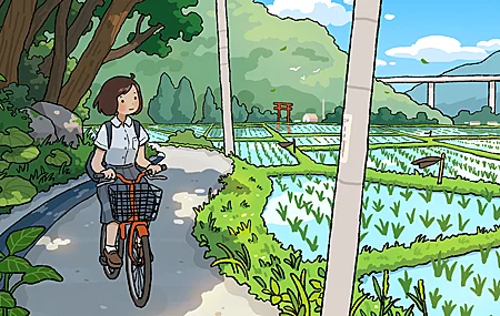 超清黑发 丸野 风景 动漫 女孩 自行车 稻田 道路 草地 自然 乡村 鸟居 户外 桌面壁纸 4297×2417