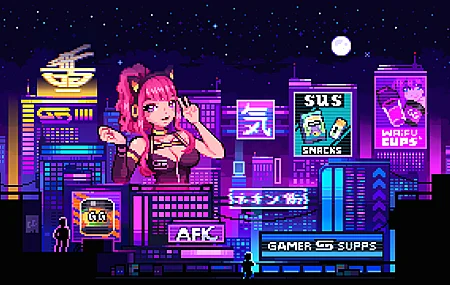 马尾辫 粉色头发 长发 城市 灯光 升级 建筑 天空 夜晚 动漫 女孩 耳机 猫耳 满月 星星 月亮 标志 像素 壁纸 3840×2160