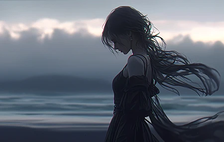 精选暗色 女孩 长发 黑色 裙子 白云 海边 侧脸 壁纸 3840×2160
