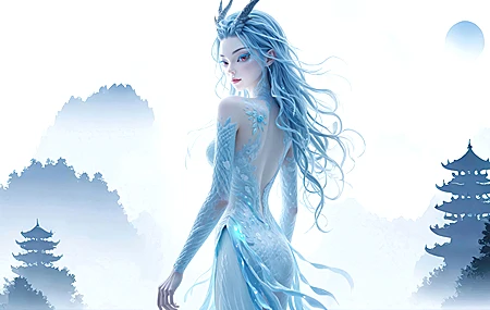 敖闰 侧身 美图 美女 龙角 龙身 站立 蓝色 哪吒 魔童闹海 桌面壁纸 3840×2160