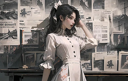 报纸 白色裙子 马尾 黑色头发 蝴蝶结 举起手臂 4K高清壁纸 3840×2160