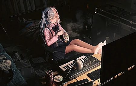 房间 女孩 面条 电脑 暗色系 4K高清壁纸 3840×2160