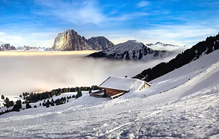 热门风景 天空 阳光 雪花 树木 森林 冬季 小屋 高清壁纸 7374×4148