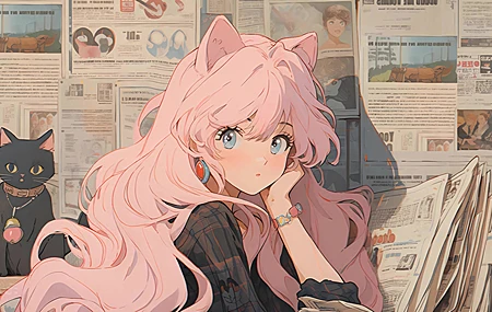 热门女仆 兽耳 少女 托腮 报纸墙 粉色头发 长发 卷发 高清壁纸 3840×2160