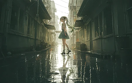 原神 纳西妲 雨后 街道 女孩 倒影 水面 积水 双马尾 小巷 4K高清壁纸 3840×2160