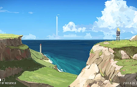 雷森 大海 灯塔 少女 女孩 云海 草地 眺望 壁纸 3840×2160