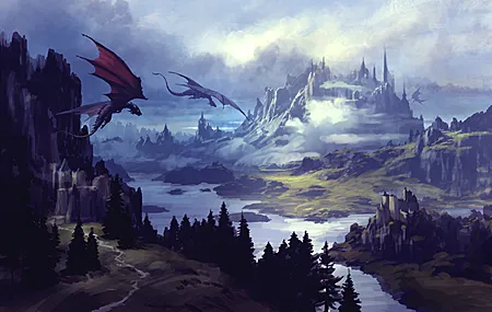 艺术品 幻想艺术 龙 景观 河流 山脉 西方龙 城堡 4K高清壁纸 3840×2400