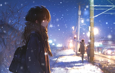 高清女孩 围巾 雪 夜 街 4K 动漫 壁纸 3840×2400