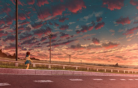 精选女学生 户外 女性 动漫 女孩 校服 电线杆 短袖 星空 路 日落 天空 云 星星 草 栏杆 太阳 蓝色裙子 无水印壁纸 3840×2160
