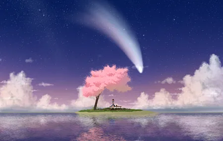热门樱花 流星 星星 倒影 樱花树 天空 湖 高清壁纸 8000×4500